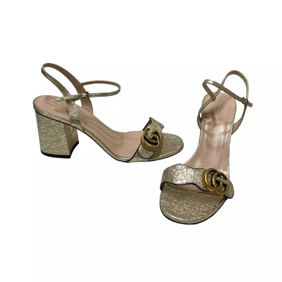 $850 Gucci Gold Marmont Metallic Lambskin Platino Sandals Heels sz 39/9B Heels - Picture 4 of 16